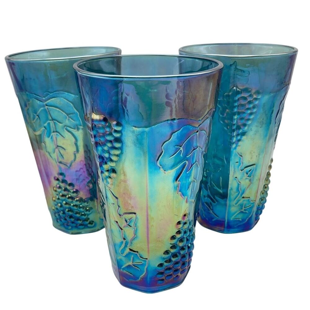 Vintage Blue Carnival Glass Tumblers (3) Iridescent with Grape and leaf Design